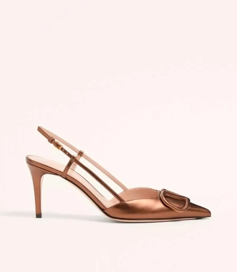 A bronze slingback heel.