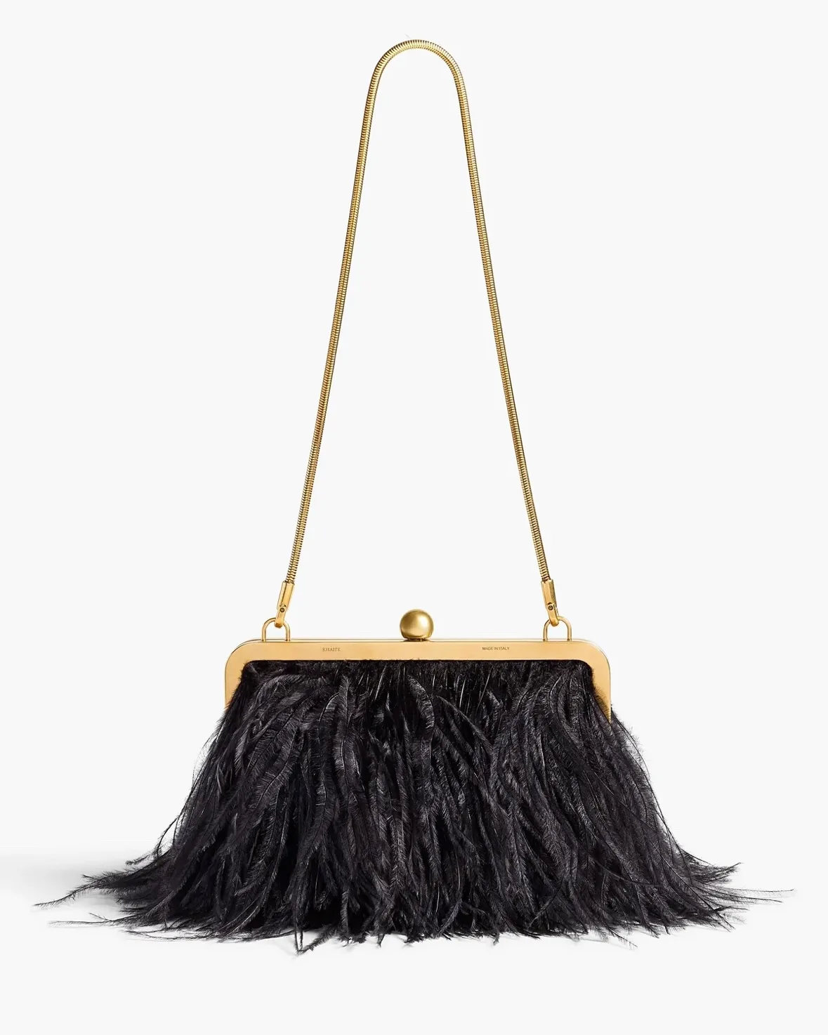 A black feather-trimmed evening bag.