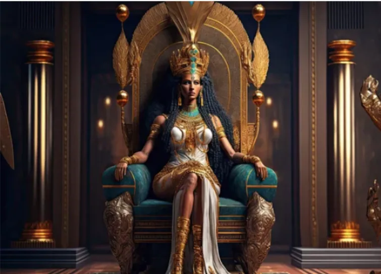 Illustration of an Egyptian queen seated on an ornate, towering golden throne.
